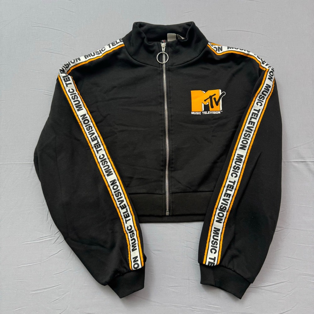 H&M Divided MTV‎ Music Television Cropped Track Jacket Black Orange Small